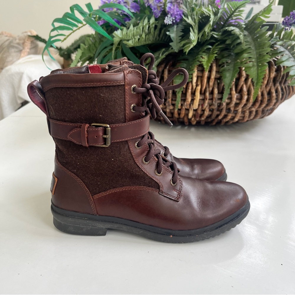 UGG Kesey Winter Snow Boots 7 Ankle Brown Side Zip Lace Up Buckle Sherpa Lined